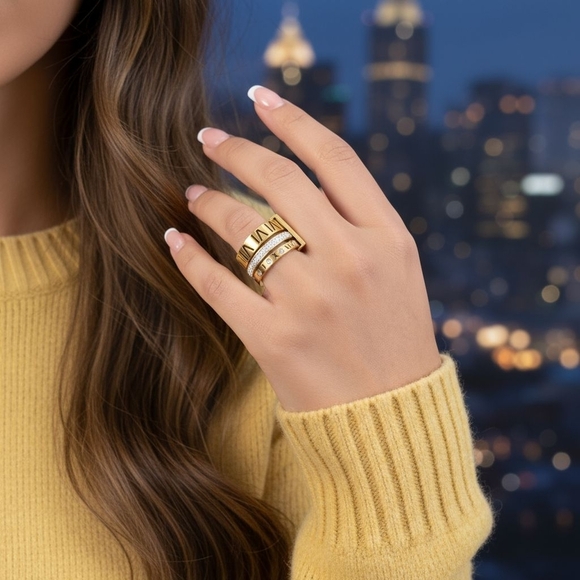 Modern Classic Roman Numeral Unisex Ring 18K Gold Plated Stainless Steel Sz 7 - Picture 6 of 15